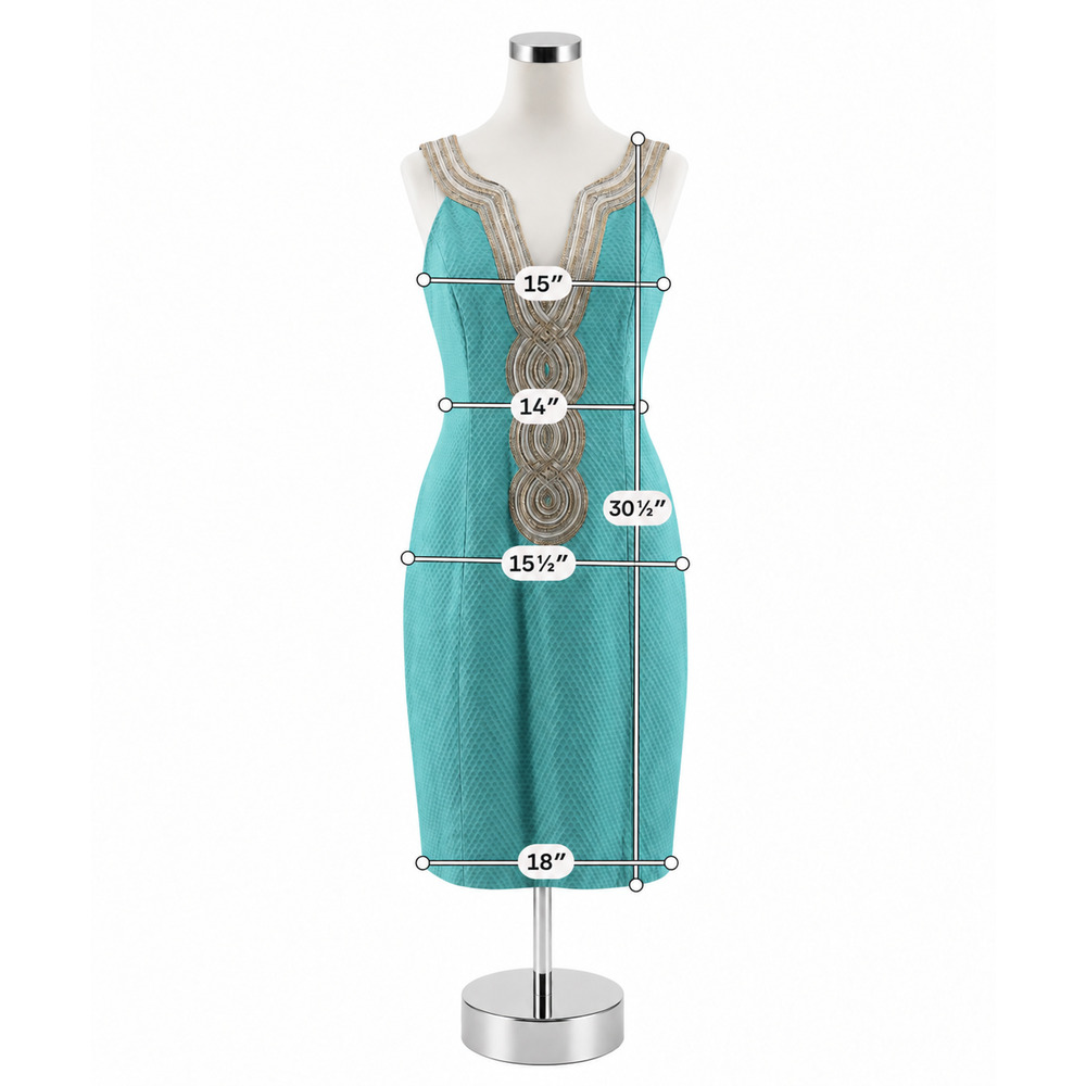 Lilly Pulitzer Kenzie Dress Size 6 Resort Aqua Gold Beaded V-Neck Mini - Picture 2 of 8